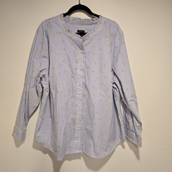 Talbots Size 3X Ruffle Band Collar Poplin Button Down Stripe Gold Heart Cotton - Picture 1 of 10
